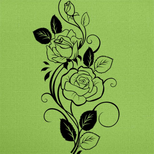 На рулонной шторе изображен цветочный узор из линий и листьев черного цвета в виде плетущихся веток роз.