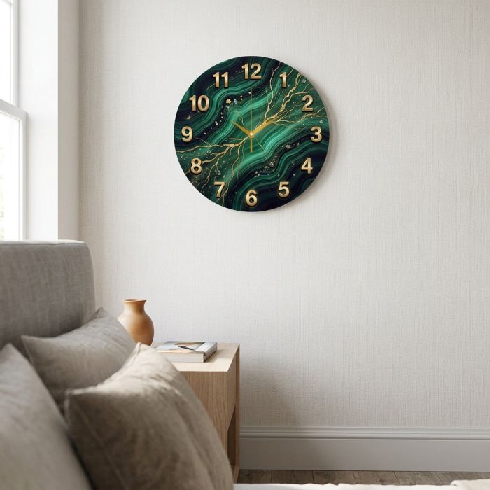 Настенные часы Зеленый малахит с золотом c-384